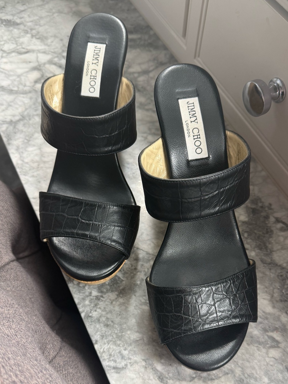 Jimmy Choo Black Leather Croc-Embossed Cork Wedge Sandals